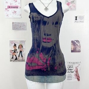 rare Tally Weijl Y2K Navy Graphic Tank Top Size S — Indie Sleaze / Art Girl